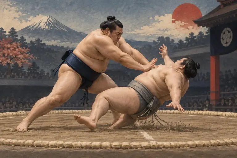 Two sumo wrestlers demonstrate Tsukitaoshi, as the thrusting attack itself causes a fall rather than an upright exit