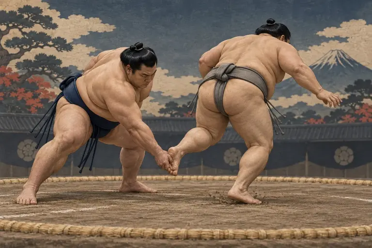 Two sumo wrestlers demonstrate Tsumatori, as the hand controls the toes rather than the ankle as the opponent steps forward
