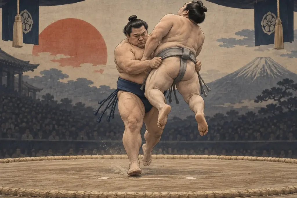 Two sumo wrestlers demonstrate Tsuridashi, as both feet leave the surface while the lifter faces the opponent and walks forward