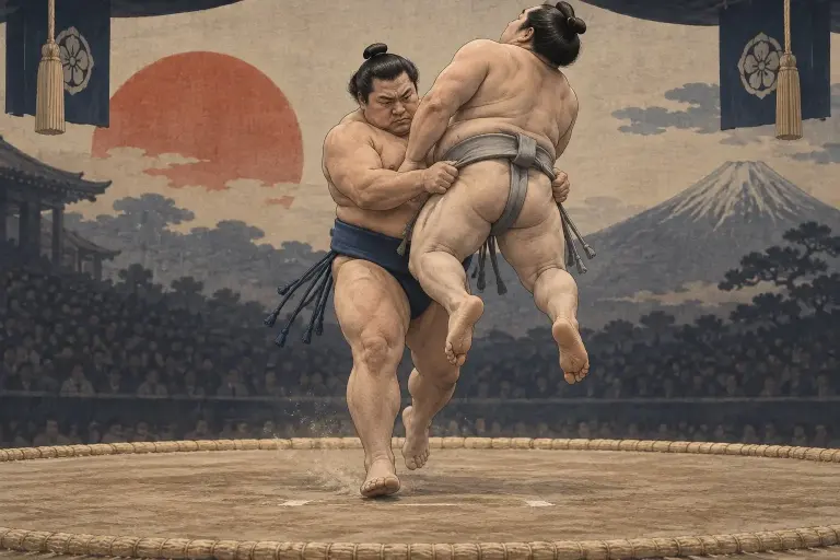 Two sumo wrestlers demonstrate Tsuridashi, as both feet leave the surface while the lifter faces the opponent and walks forward