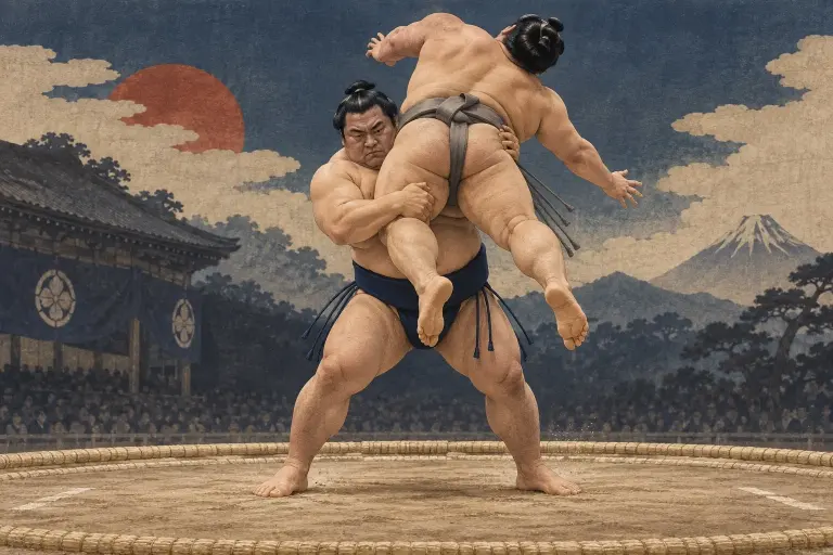 Two sumo wrestlers demonstrate Tsuriotoshi, as a frontal lift ends with a controlled drop rather than a carry across the boundary