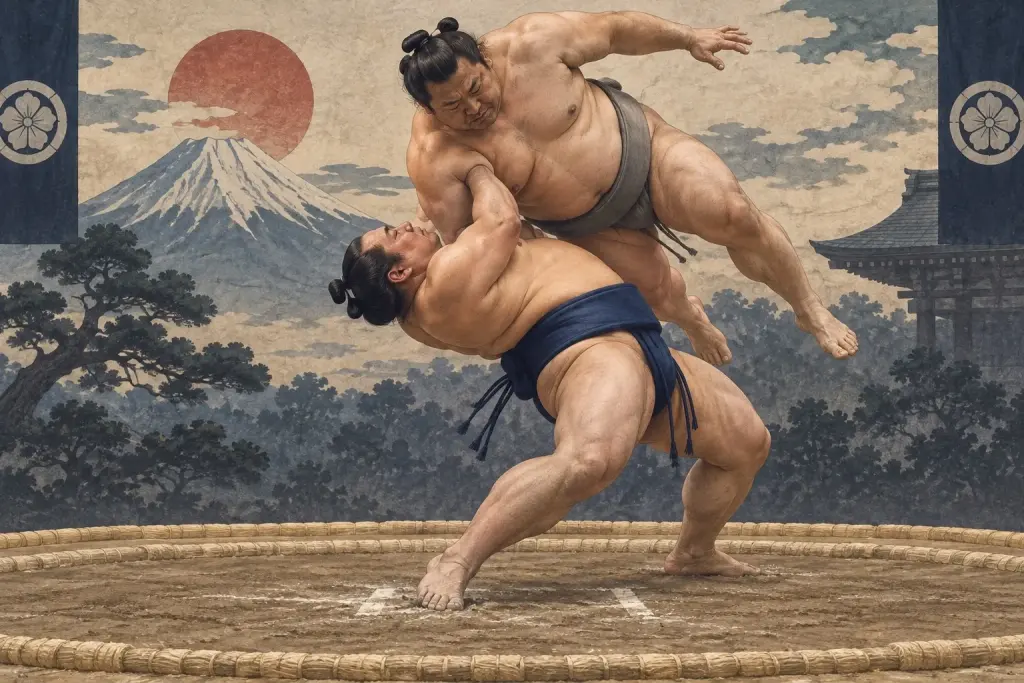 Two sumo wrestlers demonstrate Tsutaezori, as the attacker passes under the arm rather than lifting at the knees or securing a leg