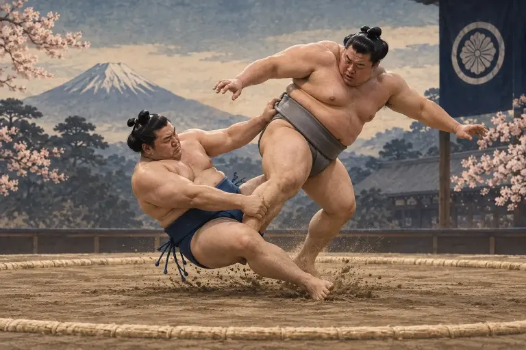 Two sumo wrestlers demonstrate Uchigake, as an inside hook reaps the far leg as the bodies fall together
