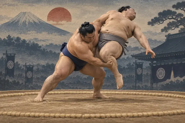 Two sumo wrestlers demonstrate Uchimusō, as the low hand works from beneath the inner thigh as the torso turns