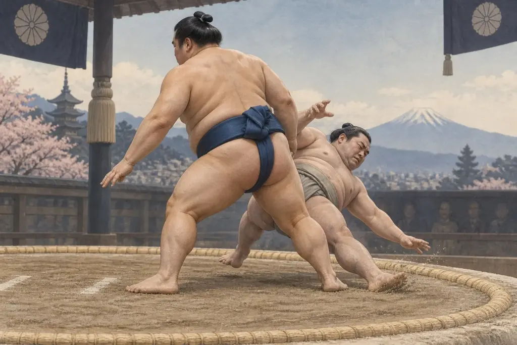Two sumo wrestlers demonstrate Ushiromotare, as the winner’s back supplies pressure into an opponent positioned immediately behind