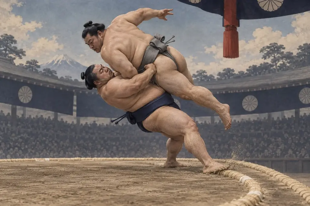 Two sumo wrestlers demonstrate Utchari, as the apparent loser pivots at the tawara and turns the advancing opponent over the belly