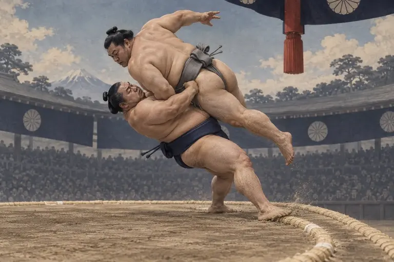 Two sumo wrestlers demonstrate Utchari, as the apparent loser pivots at the tawara and turns the advancing opponent over the belly