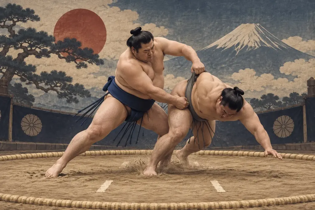 Two sumo wrestlers demonstrate Uwatedashinage, as the overarm grip draws forward while the attacker’s ungripped-side foot moves away