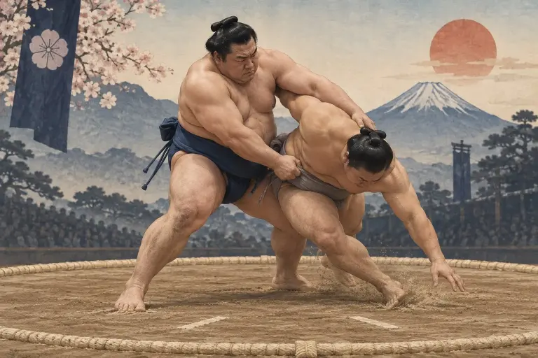 Two sumo wrestlers demonstrate Uwatehineri, as the outside belt hand anchors the turn rather than casting the opponent through a broad throw