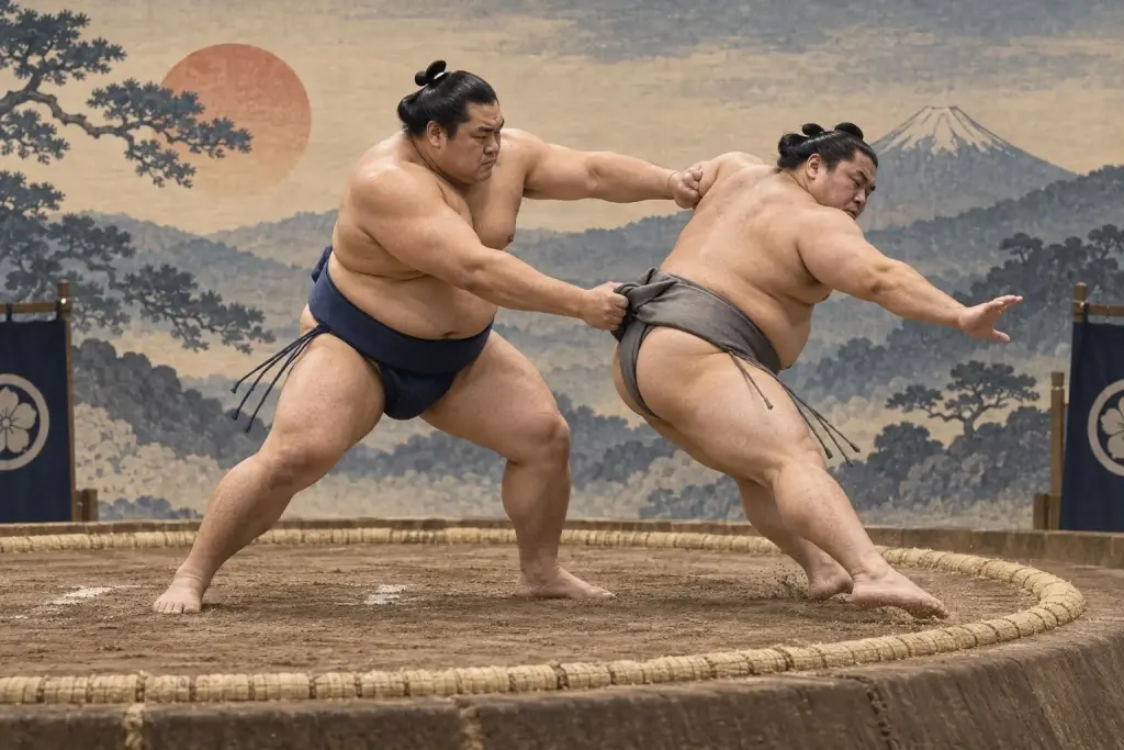 Two sumo wrestlers demonstrate Waridashi, as asymmetric hand control drives the opponent out while a clear gap remains between the torsos