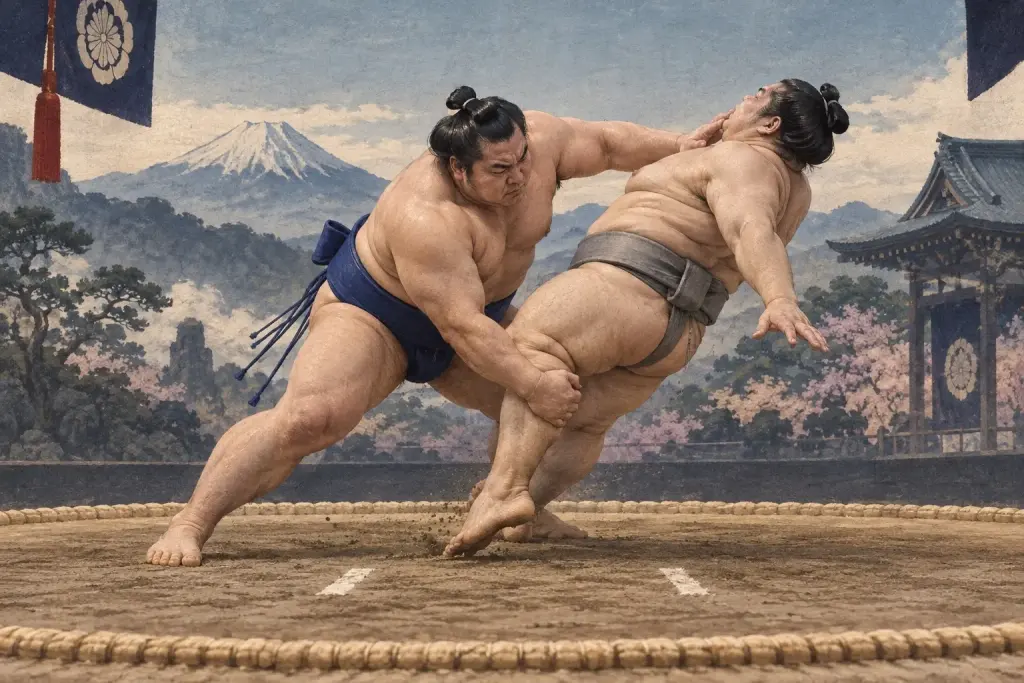 Two sumo wrestlers demonstrate Watashikomi, as the low hand controls the outer thigh while opposite upper-body pressure topples the opponent