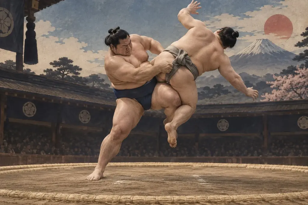 Two sumo wrestlers demonstrate Yaguranage, as the opponent rises onto the attacker’s thigh while the belt grip guides the arc