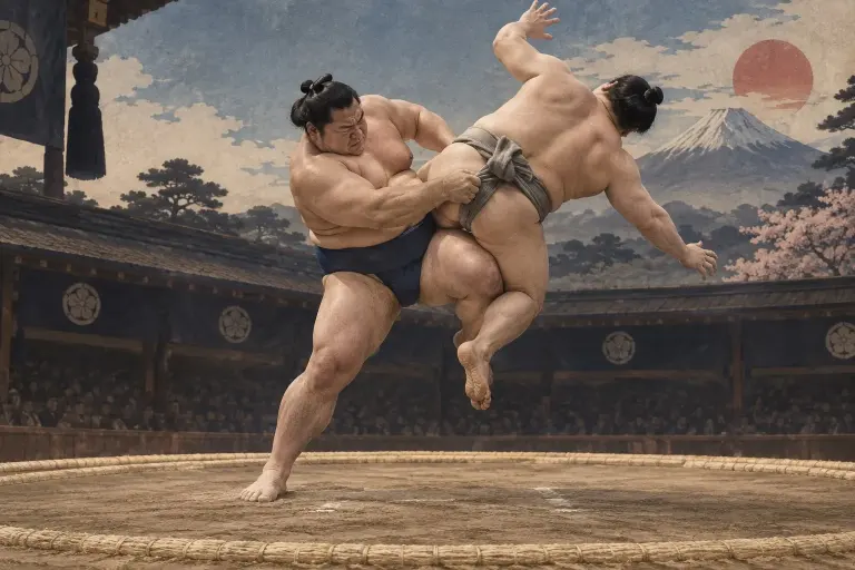 Two sumo wrestlers demonstrate Yaguranage, as the opponent rises onto the attacker’s thigh while the belt grip guides the arc