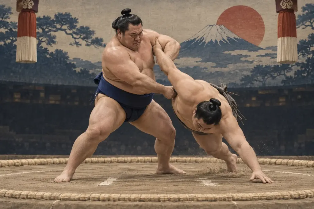Two sumo wrestlers demonstrate Yobimodoshi, as a sharp pull-in is followed by a rebound that sends the opponent away and down