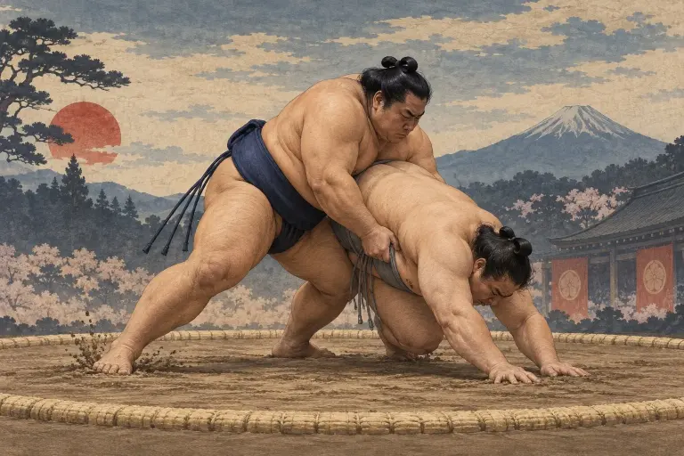 Two sumo wrestlers demonstrate Yoritaoshi, as sustained close contact becomes a leaning drive that ends in collapse