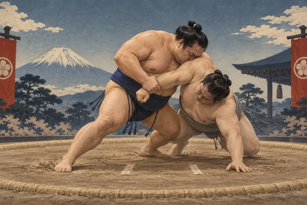 Two sumo wrestlers demonstrate Zubuneri, as the head becomes a visible pressure point while the hand fixes the arm or elbow