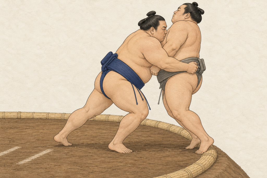 An indigo-mawashi sumo wrestler drives a gray-mawashi opponent upright across the dohyō boundary with close body pressure