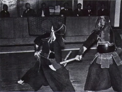 Historical Tokyo Metropolitan Police practitioners engaged in baton-art training around 1949