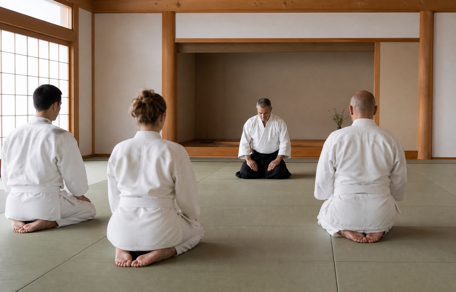 A small aikido class bowing in seiza in a quiet dojo
