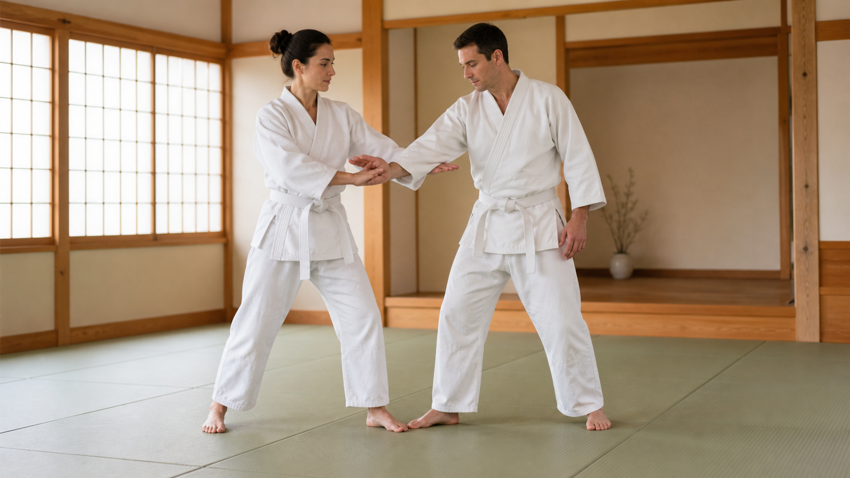 Two aikido practitioners calmly practising a wrist-control technique on tatami