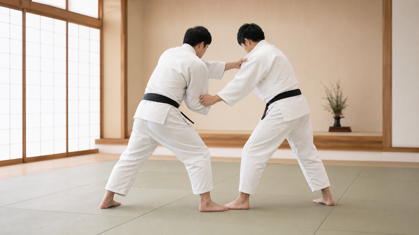Two judoka in white judogi practise sleeve-and-lapel grips on tatami.