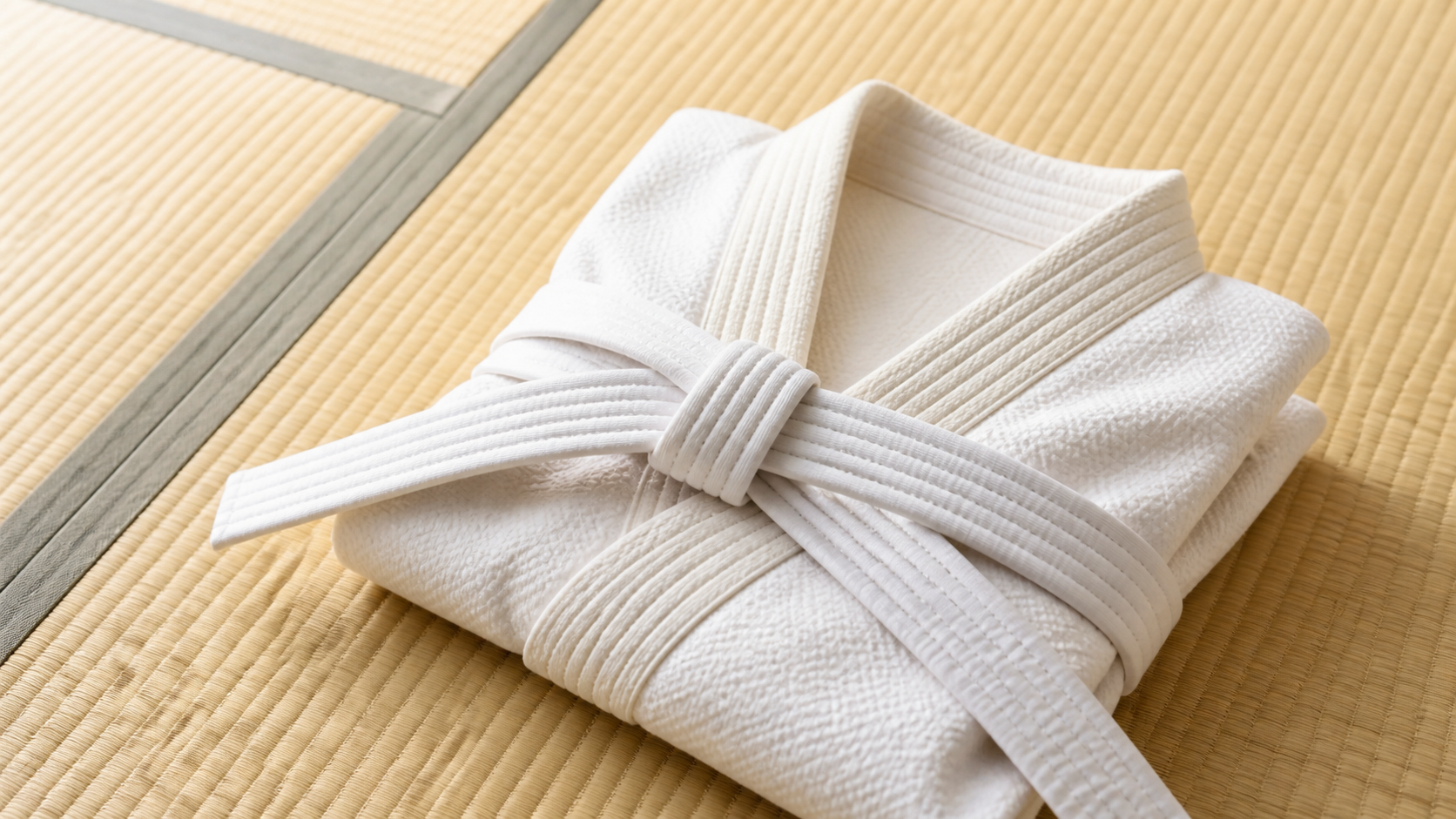 A folded white judogi and white belt resting on a tatami mat.