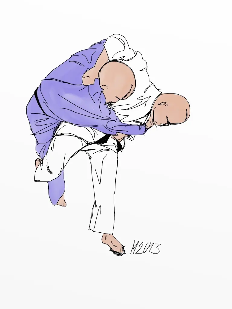 Two judoka demonstrate harai-goshi on a mat