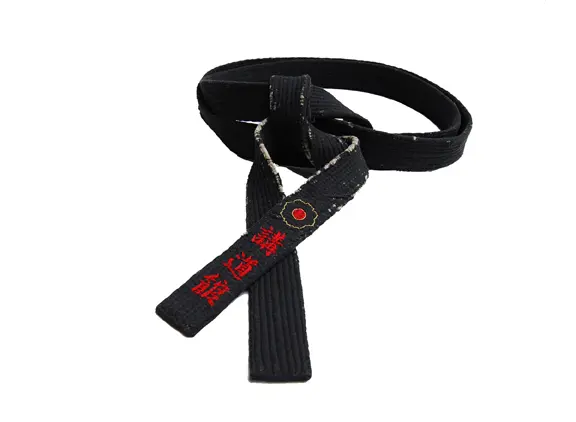 A black Judo belt bearing the Kodokan emblem and Japanese characters