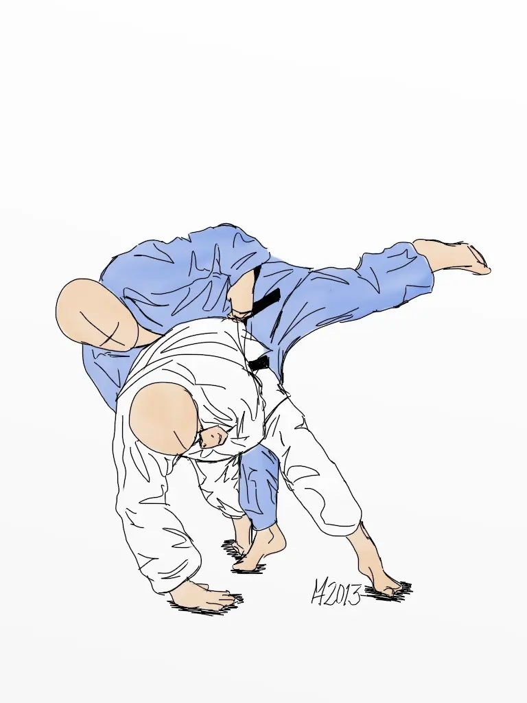Two judoka demonstrate soto-makikomi on a mat