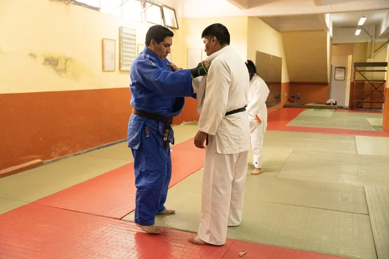 Two judoka practise a sleeve-and-lapel grip on a tatami