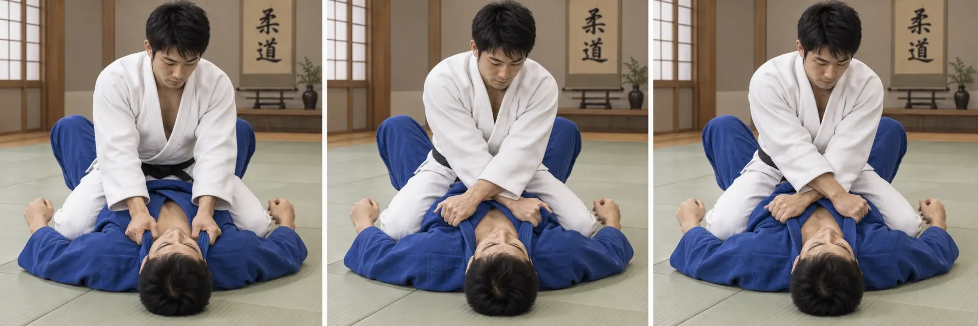 Kata-juji-jime technique shape: Apply and release safely.