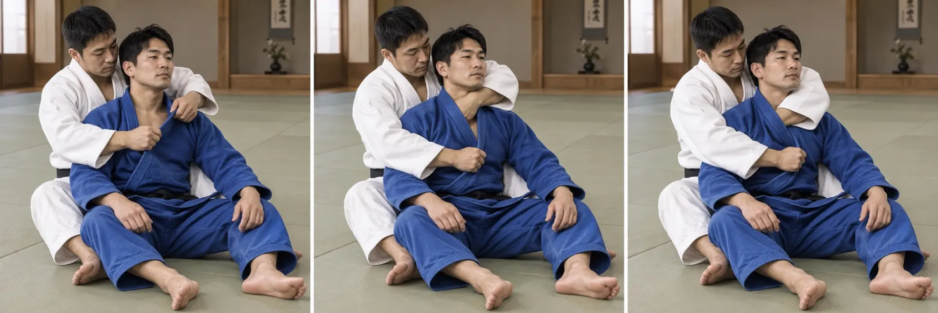 Okuri-eri-jime technique shape: Apply and release safely.