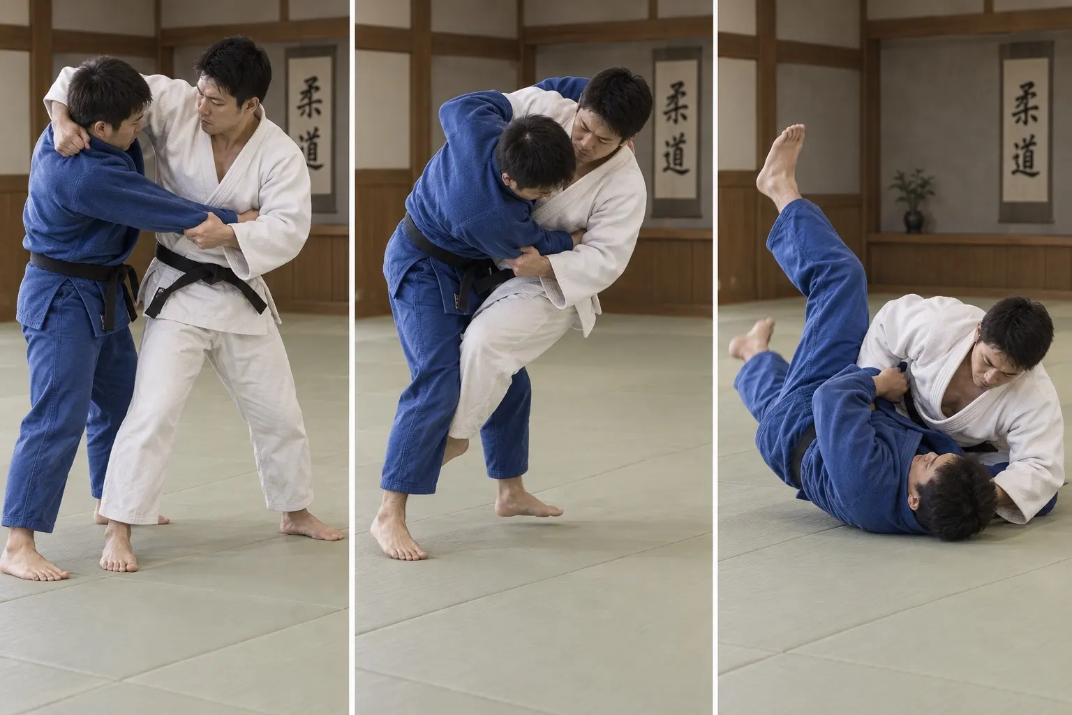 Uchi-mata-makikomi technique shape: Complete the defining action.