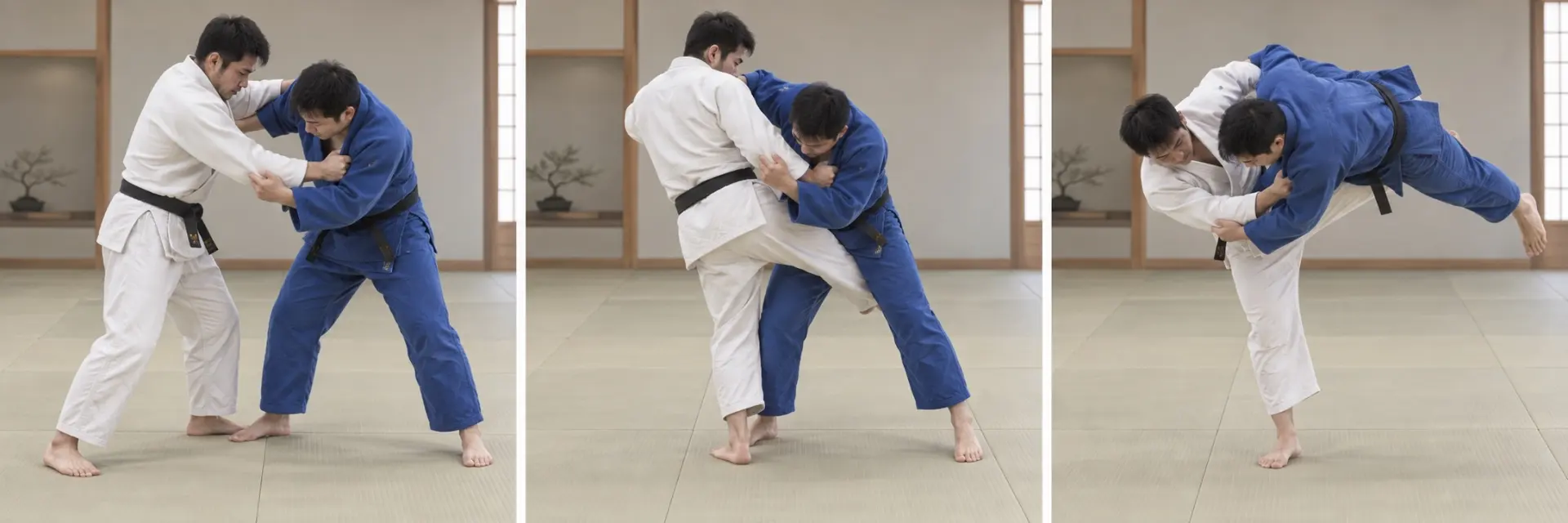 内股の技の形。最後まで制御する。